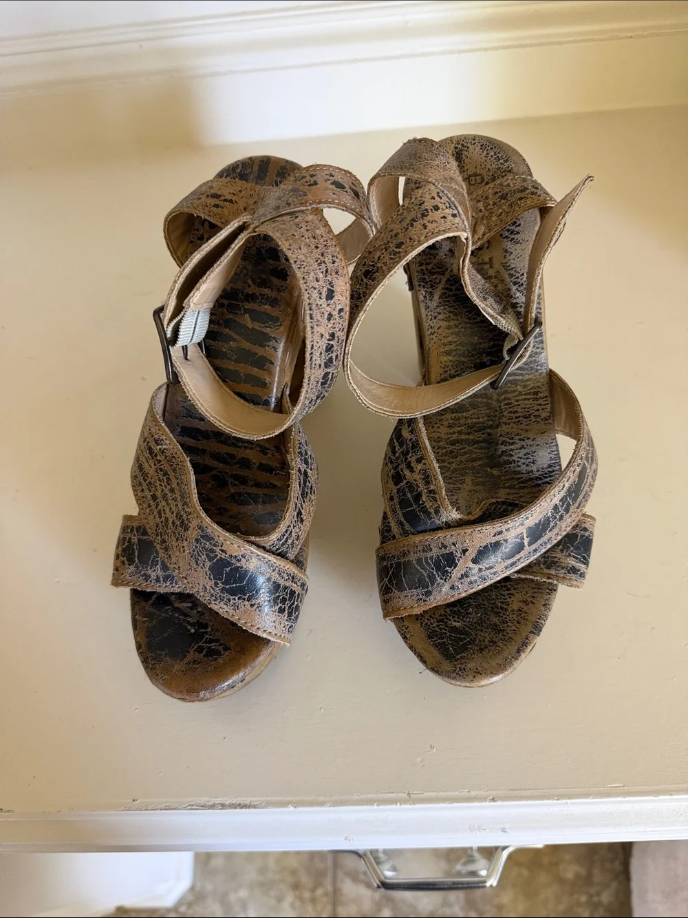 Textured Brown Platform Sandals with Wooden Block Heel